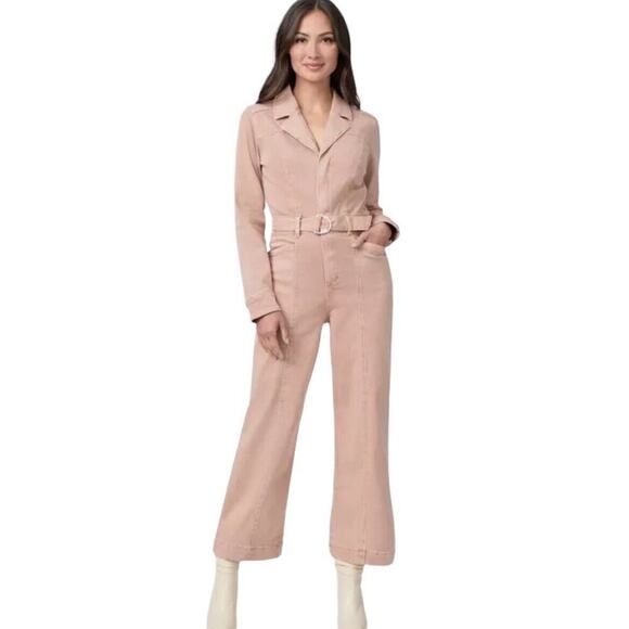 PAIGE Anessa Long Sleeve Jumpsuit Women 4 Pink Wide Leg Crop Belted High Rise - Picture 1 of 16